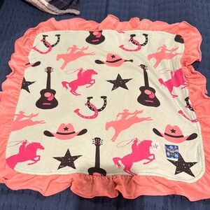Kids Cowboy Print Blanket with Coral Trim